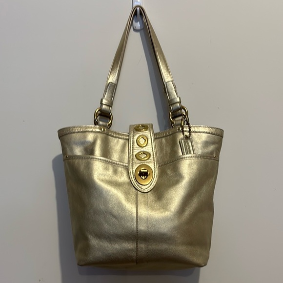 Coach Lily Legacy Metallic Gold Leather TurnLock Tote Shoulder Bag - Picture 1 of 12